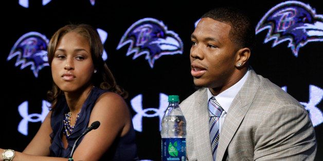 FILE - In this May 23, 2014, file photo, Baltimore Ravens running back Ray Rice, right, speaks alongside his wife, Janay, during a news conference at the team's practice facility in Owings Mills, Md. A new video that appears to show Ray Rice striking then-fiance Janay Palmer in an elevator last February has been released on a website. (AP Photo/Patrick Semansky, File)