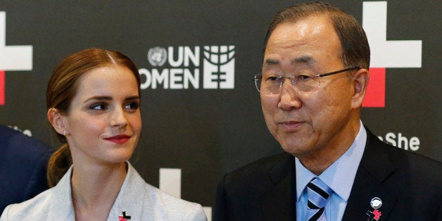 NEW YORK, NY - SEPTEMBER 20: UN Women Goodwill Ambassador Emma Watson (L ) looks at United Nations Secretary General Ban Ki-moon,while they pose for a picture while they attend the HeForShe campaign launch at the United Nations on September 20, 2014 in New York, New York. (Photo by Eduardo Munoz Alvarez/Getty Images)