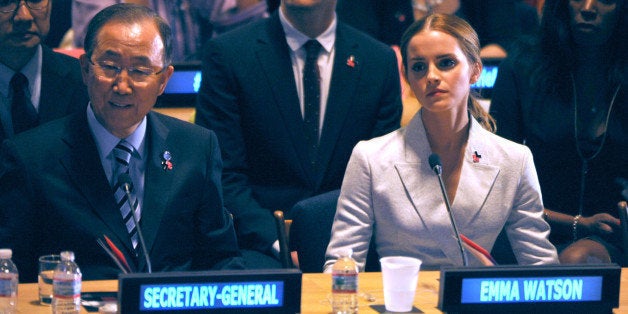 NEW YORK, NY - SEPTEMBER 20: Emma Watson, Ban Ki-Moon attends the launch of the HeForShe Campaign at the United Nations on September 20, 2014 in New York City. (Photo by Steve Sands/WireImage)