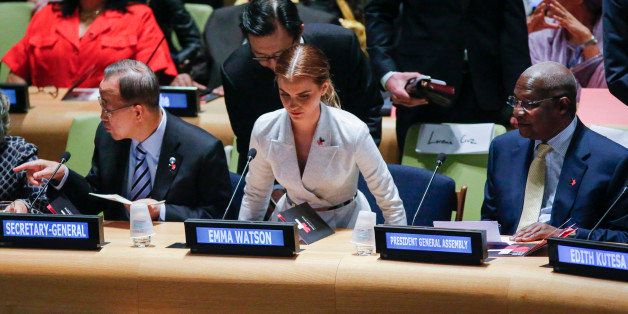 NEW YORK, NY - SEPTEMBER 20: UN Women Goodwill Ambassador Emma Watson (C ) attends the HeForShe campaign launch at the United Nations on September 20, 2014 in New York, New York. (Photo by Eduardo Munoz Alvarez/Getty Images)