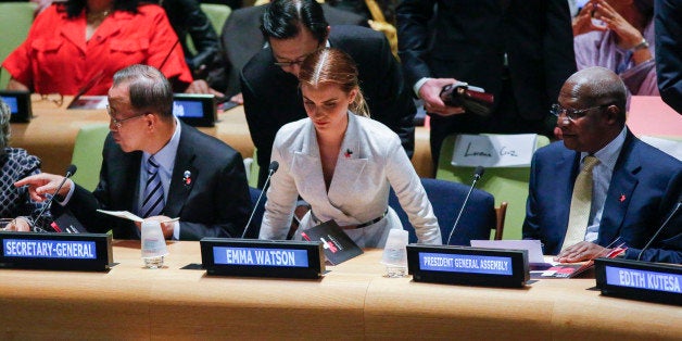 NEW YORK, NY - SEPTEMBER 20: UN Women Goodwill Ambassador Emma Watson (C ) attends the HeForShe campaign launch at the Unite
