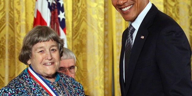 WASHINGTON, DC - OCTOBER 21: U.S. President Barack Obama (R) awards the National Medal of Technology to Ms. Yvonne C. Brill of Skillman, New Jersey, for innovation in rocket propulsion systems for geosynchronous and low earth orbit communication satellites, which greatly improved the effectiveness of space propulsion systems at the White House October 21, 2011 in Washington, DC. Obama honored the recipients of the National Medal of Science and National Medal of Technology and Innovation the highest honors bestowed by the United States government on scientists, engineers, and inventors. (Photo by Win McNamee/Getty Images)