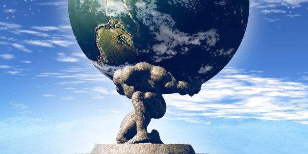 USA - 2008: Rick Nease color illustration of Atlas supporting planet earth on his back. (Detroit Free Press/MCT via Getty Images)