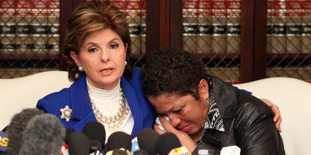 LOS ANGELES, CA - DECEMBER 03: Attorney Gloria Allred (L) speaks at a press conference with Chelan (R), an alleged victim of Bill Cosby, on December 3, 2014 in Los Angeles, California. Cosby has been accused of sexual assault by approximately 20 women. (Photo by Frederick M. Brown/Getty Images)