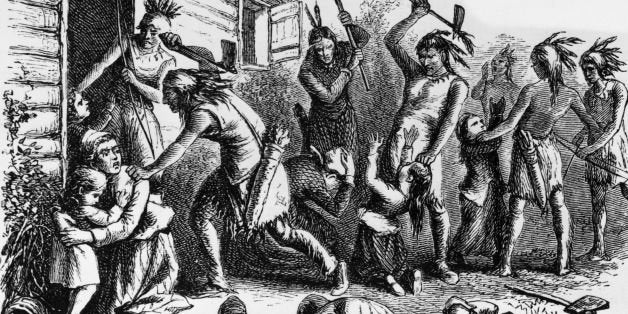 circa 1850: Indians attack and murder American religious reformer Anne Hutchinson (1591 - 1643) and her family in Pelham Bay in New York state. (Photo by Hulton Archive/Getty Images)