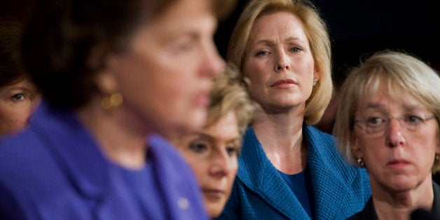 UNITED STATES - APRIL 08: From left, Sens. Kay Hagan, D-N.C., Dianne Feinstein, D-Calif., Barbara Boxer, D-Calif., Kirsten Gillibrand, D-N.Y., and Patty Murray, D-Wash., conduct a news conference on the Senate democrats unwillingness to cut funds to women's health services that are sought by House republicans. (Photo By Tom Williams/Roll Call)