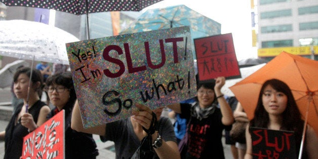 South Korean women march during a "Slut Walk" demonstration in Seoul, South Korea, Saturday, July. 16, 2011. About 100 protes