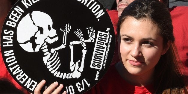 Anti-abortion advocates hold a rally during the inaugural 'OneLife LA event' outside City Hall in Los Angeles on January 17,