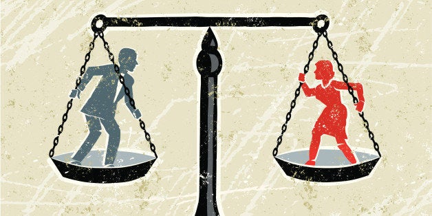 Equality! A stylized vector cartoon of a man and a woman being weighed on scales,reminiscent of an old screen print poster and suggesting battle of the sexes, woman's rights, equality, opposites or gender issues,. Man, woman, scales,paper texture and background are on different layers for easy editing. Please note: clipping paths have been used, an eps version is included without the path.