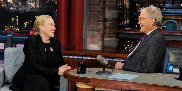 NEW YORK - MARCH 10: Actress Patricia Arquette from the new CBS drama series 'CSI: Cyber' talks to Dave about her new series and her recent Oscar win, on the Late Show with David Letterman, Tuesday March 10, 2015 on the CBS Television Network. (Photo by Jeffrey R. Staab/CBS via Getty Images) 