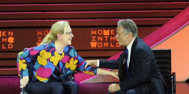 NEW YORK, NY - APRIL 22: Actress Meryl Streep and host Jon Stewart appear onstage during the Women In World Summit at the Da