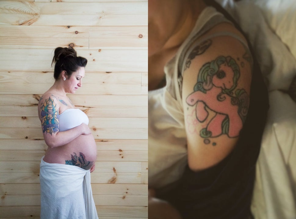 <em>"The big one on my arm that you see in the picture on the left is a pinup homemaker I have put in a Guadalupe type settin