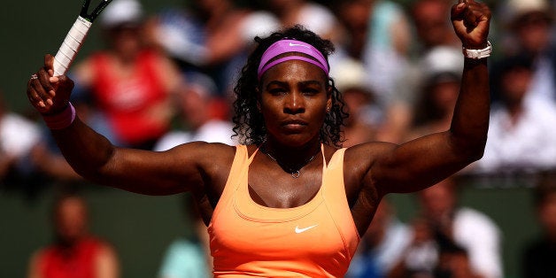 PARIS, FRANCE - JUNE 06: Serena Williams of the United States celebrates a point during the Women's Singles Final against Lucie Safarova of Czech Repbulic on day fourteen of the 2015 French Open at Roland Garros on June 6, 2015 in Paris, France. (Photo by Dan Istitene/Getty Images)