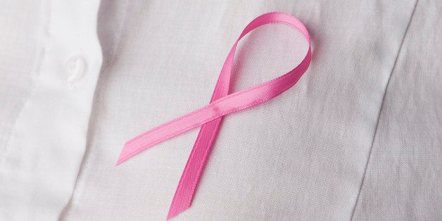 Close up of Breast Cancer Awareness Ribbon on woman's breast