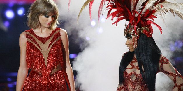 LOS ANGELES, CA - AUGUST 30: Taylor Swift (L) and Nicki Minaj perform onstage during the 2015 MTV Video Music Awards held at Microsoft Theater on August 30, 2015 in Los Angeles, California. (Photo by Michael Tran/FilmMagic)