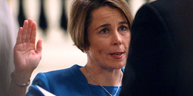 BOSTON - JANUARY 21: Maura Healey is sworn in as Massachusetts Attorney General by Ralph D. Gants, Chief Justice of the Supreme Judicial Court, at Faneuil Hall in Boston, Mass. January 21, 2015. (Photo by John Blanding/The Boston Globe via Getty Images)