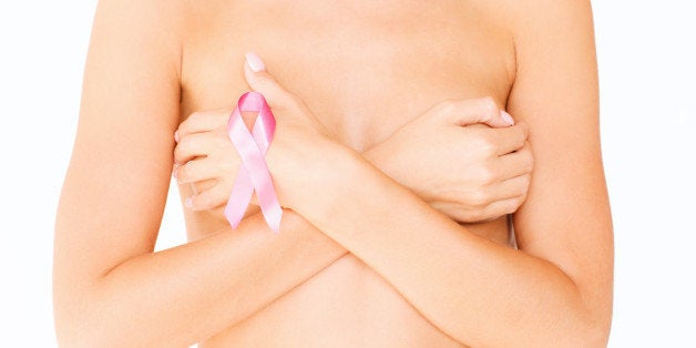 Pink Ribbon On The Chest Health Woman 40 Up Close - Up Big Boobs