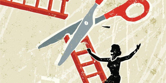 Oh no you don't! A stylized vector cartoon of a Woman climbing a ladder which is being cut by scissors, the style is reminiscent of an old screen print poster. Suggesting career path, redundancy, downsizing, obstacles, overcoming obstacles,financial instability,danger, or corporate ladder. Woman, ladder,skyline, scissors, paper texture and background are on different layers for easy editing. Please note: clipping paths have been used, an eps version is included without the path.