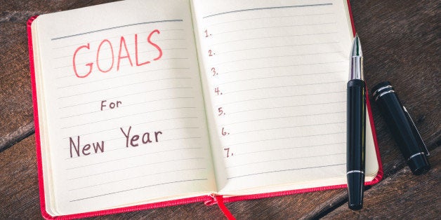 New Year's goals with with notebook and pen. New Year's goals are resolutions or promises that people make for the New Year to make their upcoming year better in some way