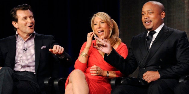 Reality television personalities and business people (L-R): Robert Herjavec, Lori Greiner and Daymond John take part in a pan