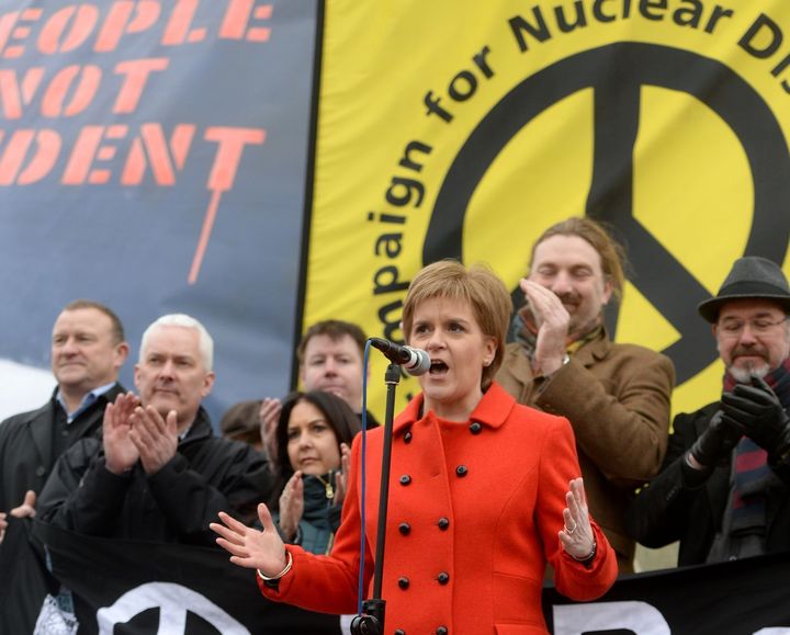 Scottish First Minister Nicola Sturgeon address protesters at a Stop Trident protest rally in Trafalgar Square, London.