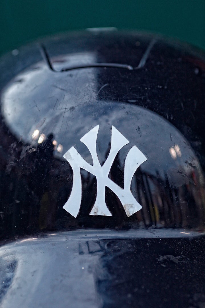 CINCINNATI, OH - JUNE 22: Detail view of the New York Yankees logo on the front of a batting helmet before the game against t