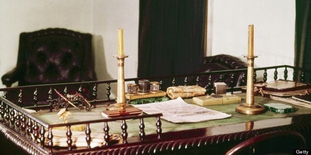 Leo tolstoy's antique writing desk at yasnaya polyana, the tolstoy family estate, the desk was inherited from his father. (Ph