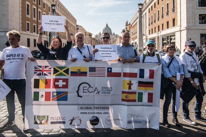 Sex abuse victims and allies demonstrate with banners on October 3, 2018 in Rome, Italy. 