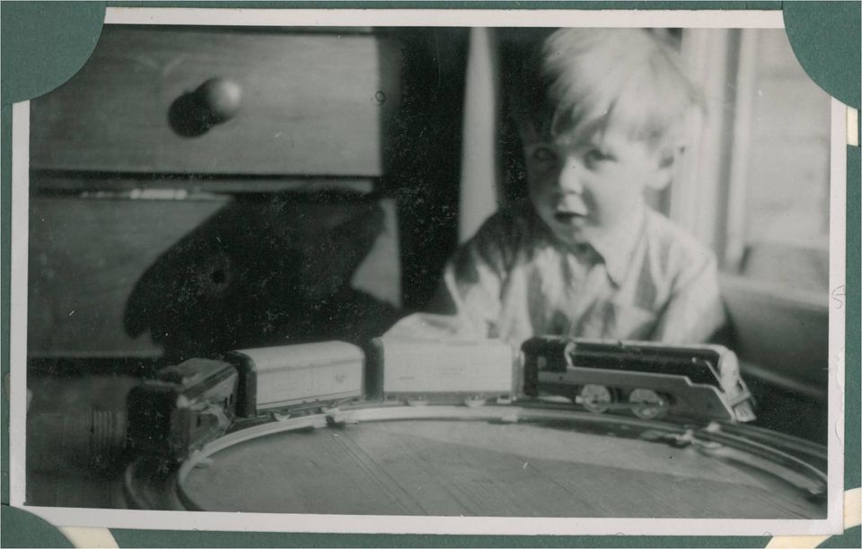 A young Stephen Hawking with his train set