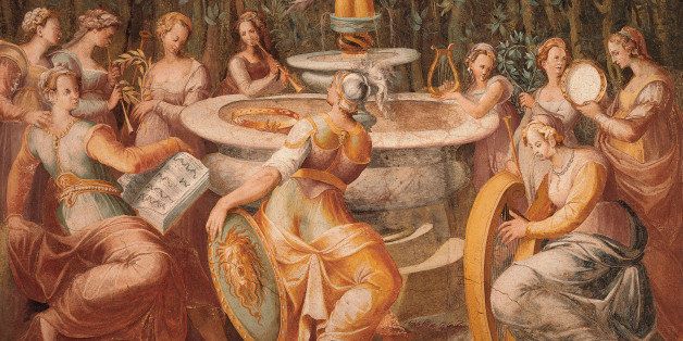 Italy, Umbria, Città della Pieve, Palazzo della Corgna o Palazzo Mazzuoli, All, Fresco depicting the muses Calliope, Clio, Erato, Euterpe, Pelpomene, Polymnia, Thalia, Terpdichore and Urania, symbols of the arts, around a fountain, Some of them are playing musical instruments: the harp, the tambourine and the flute, One is holding a shield, one an open book, another two have some laurel in their hands, On the trees in the background are some doves, The dominating colours are yellow, red, orange, green, grey and brown shades, (Photo by Turchi e Fedeli / Electa / Mondadori Portfolio via Getty Images)