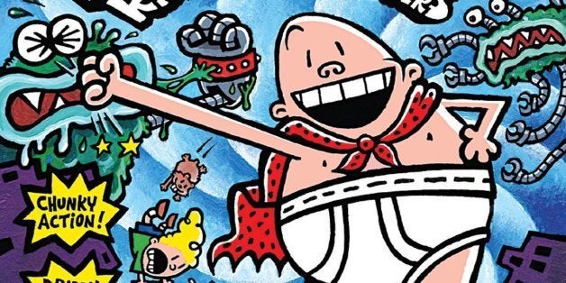 The cover from one of the "Captain Underpants" series of books by author Dav Pilkey, a cross between a cartoon and chapter book, is one of the offerings by Scholastic Inc. meant to stimulate reading in children. Captain Underpants has battled talking toilets and Professor Poopypants, but he was no match for a high school principal who banned students from dressing up as the children's book character. (AP Photo/Scholastic Inc.)