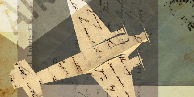 Collage with an airplane, air mail, vintage letters and stamps