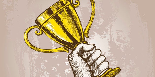 Human hand holding golden champion cup trophy sketch vector illustration