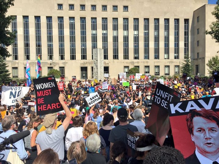 Demonstrators gather outside Supreme Court nominee Brett Kavanaugh's courthouse in Washington on Oct. 4 to protest his possible confirmation.