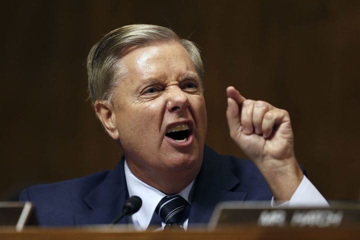 Sen. Lindsey Graham, yelling about how unfair the confirmation process for Kavanaugh has been, at the Senate Judiciary Committee hearing in Washington on Sept. 27.