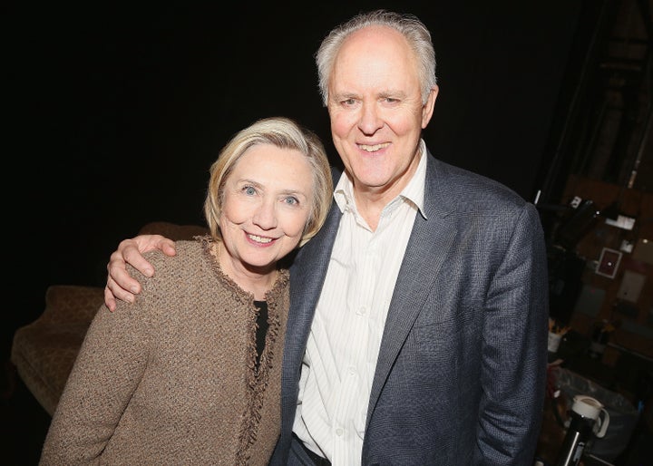 Hillary Clinton and John Lithgow pose backstage at the production of "John Lithgow: Stories By Heart" in New York earlier this year.