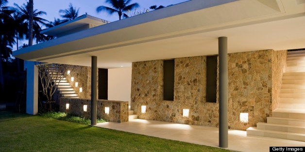 Outdoor Entrance, Walkway And Courtyard Of A Tropical Home.