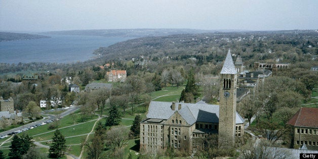 UNITED STATES - NOVEMBER 11: The university library's clock tower towers over the town, Cornell University, Ithaca, New York