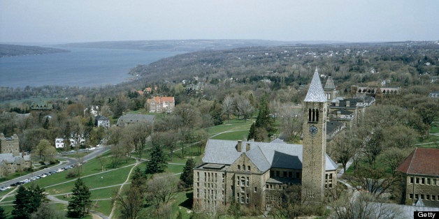 UNITED STATES - NOVEMBER 11: The university library's clock tower towers over the town, Cornell University, Ithaca, New York (Photo by B. Anthony Stewart/National Geographic/Getty Images)