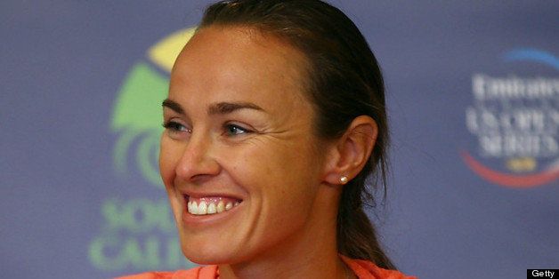 CARLSBAD, CA - JULY 31: Martina Hingis of Switzerland attends a press conference at the Southern California Open on Day Three at La Costa Resort & Spa on July 31, 2013 in Carlsbad, California. (Photo by Joe Scarnici/Getty Images)