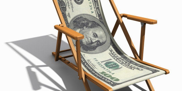 deckchair with 100 dollar bill as lying surface in front of white background, cutout with shadow