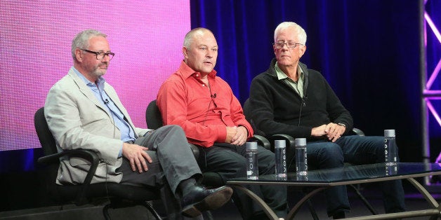 BEVERLY HILLS, CA - AUGUST 06: (L-R) Executive producer Simon Kilmurry, film subject Tony Walker and director Michael Apted speak onstage during the 'POV 56 Up' panel at the PBS portion of the 2013 Summer Television Critics Association tour at the Beverly Hilton Hotel on August 6, 2013 in Beverly Hills, California. (Photo by Frederick M. Brown/Getty Images)