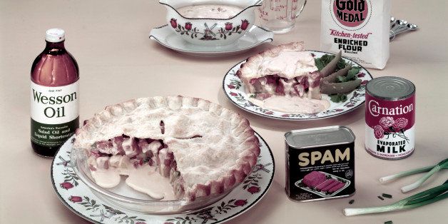View of a pie made with Spam-brand canned meat, potatoes, scallions, and cream of mushroom soup among other ingredients, some of which are pictured along with a rolling pin for making the pie's shell, 1950s or 1960s. (Photo by Tom Kelley/Getty Images)