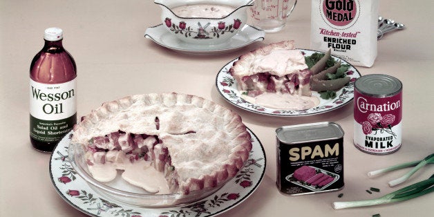 View of a pie made with Spam-brand canned meat, potatoes, scallions, and cream of mushroom soup among other ingredients, some