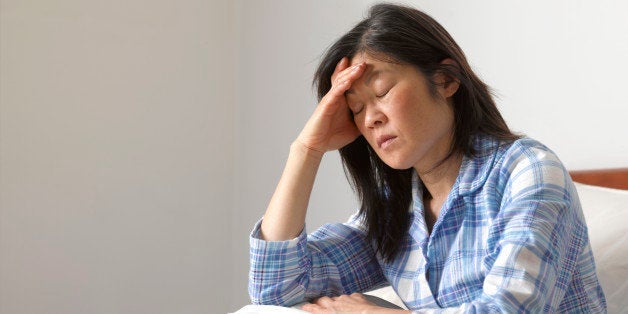 Woman with head ache in bed