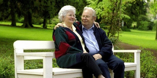 GERMANY - MAY 07: Senior citizens on a park bench. (Photo by Ulrich Baumgarten via Getty Images)