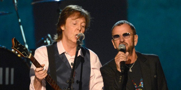 LOS ANGELES, CA - JANUARY 27: Paul McCartney and Ringo Starr perform onstage at 'The Night That Changed America: A GRAMMY Salute To The Beatles' at Los Angeles Convention Center on January 27, 2014 in Los Angeles, California. (Photo by Kevin Mazur/WireImage)