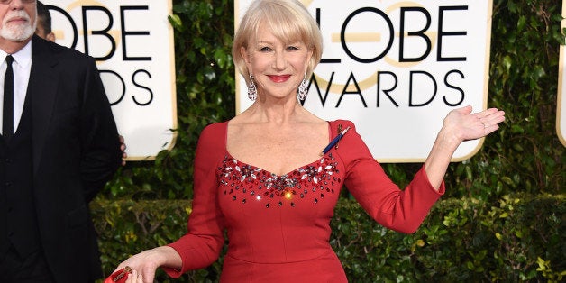 Helen Mirren arrives at the 72nd annual Golden Globe Awards at the Beverly Hilton Hotel on Sunday, Jan. 11, 2015, in Beverly Hills, Calif. (Photo by Jordan Strauss/Invision/AP)