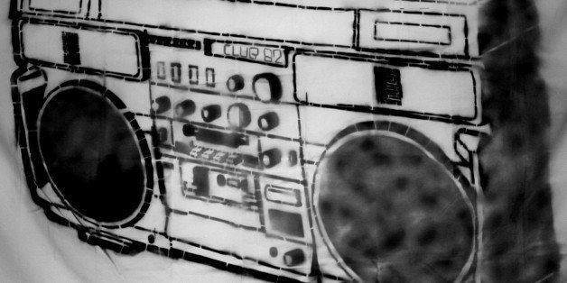 the classic boombox. Ran out of flat black mid painting. I think the stencil is destroyed. 6 foot wide. Hung up in Club 82 LA a bit