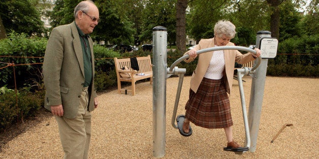 LONDON, ENGLAND - MAY 19: Pensioners exercise in London's first purpose built 'Senior Playground' in Hyde Park on May 19, 2010 in London, England. The playground, which cost 50,000 GBP, features six machines: a cross-trainer, sit-up bench, body-flexer, free runner, flex wheel and an exercise bike. (Photo by Oli Scarff/Getty Images)